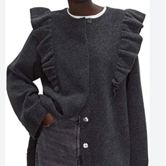 Charcoal Gray Zara Women Knit Coat with Ruffle Trims Size Small - Picture 1 of 9